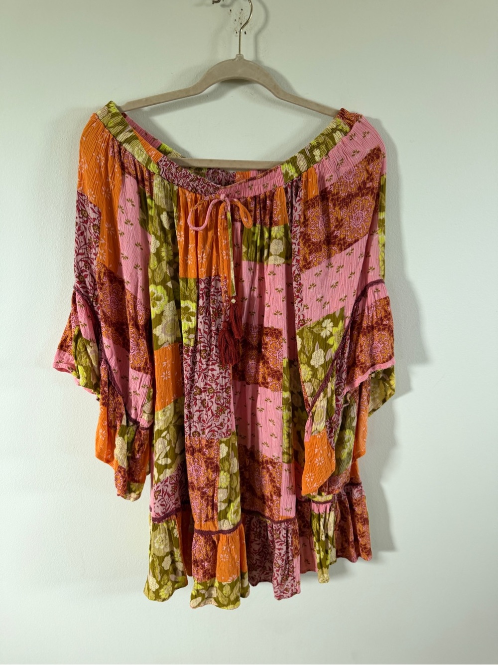 Easel Boho dress Patchwork Off-Shoulder Top - Pink & Orange medium